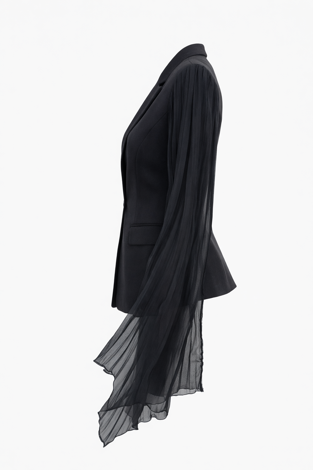 Black blazer with pleated chiffon sleeves