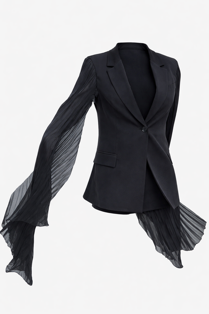 Black blazer with pleated chiffon sleeves