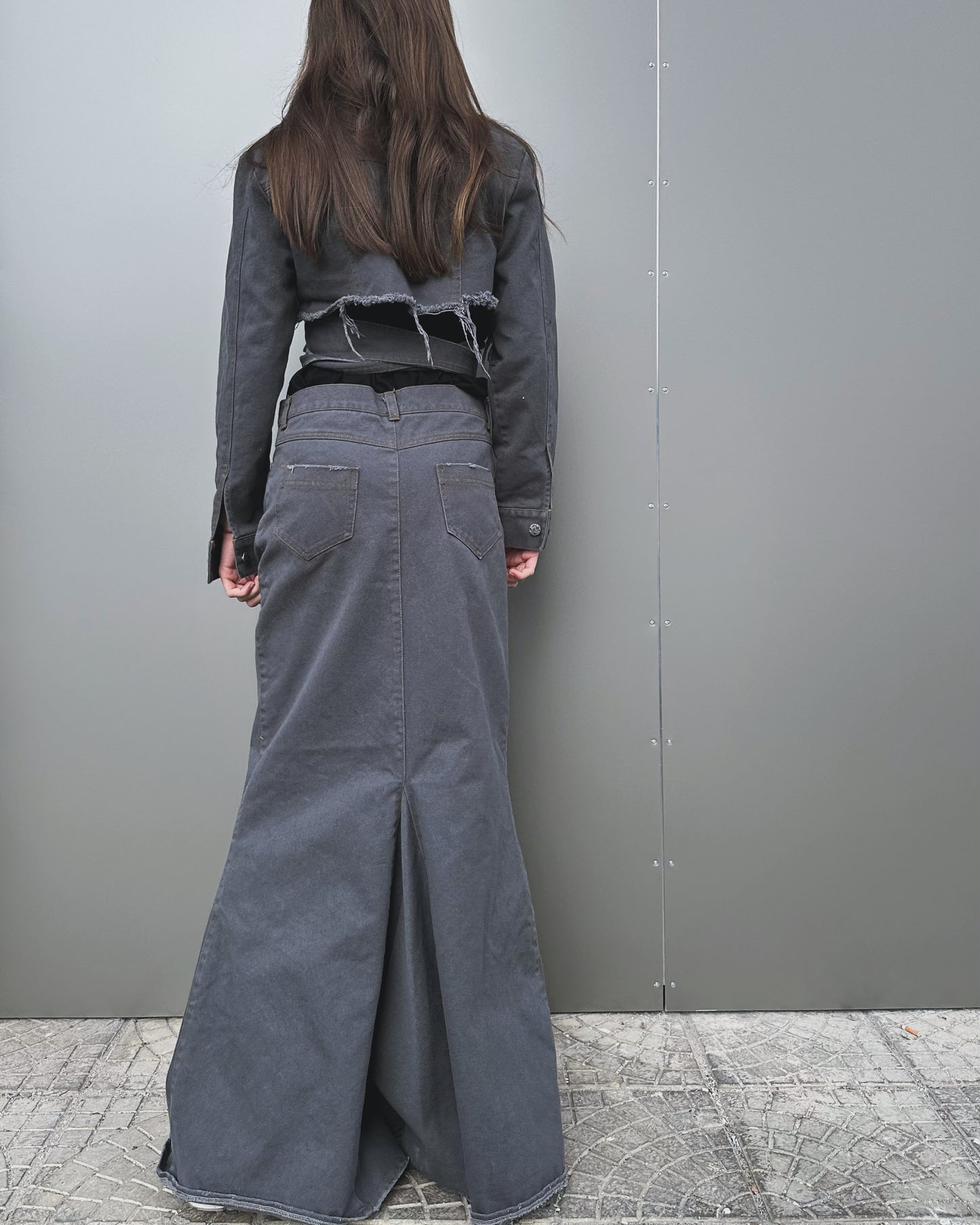 Gray denim skirt and jacket