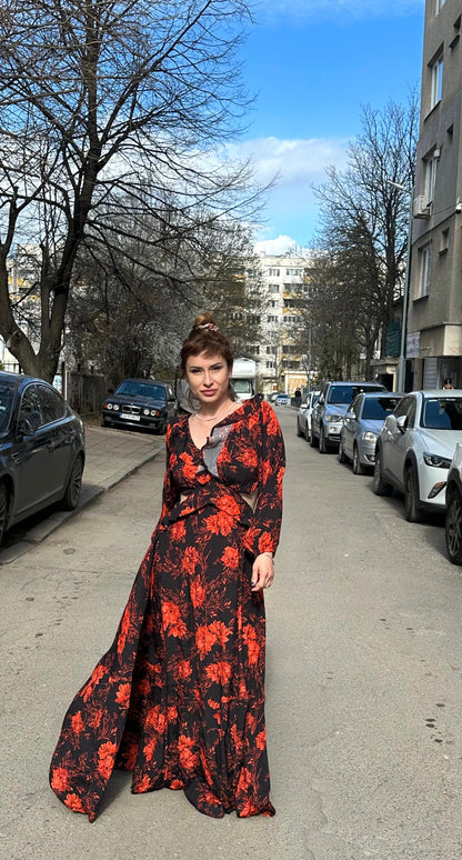 Airy black dress with red flowers